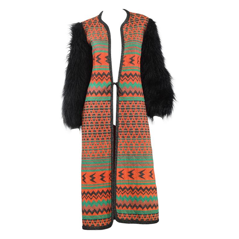 70s Giorgio Sant'Angelo Knit Maxi Jacket with Faux Fur Sleeves at 1stDibs