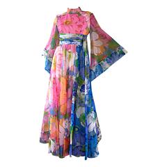 Chic Vintage Mollie Parnis 1970s Floral Chiffon Scarf / Bell Sleeve Maxi Dress