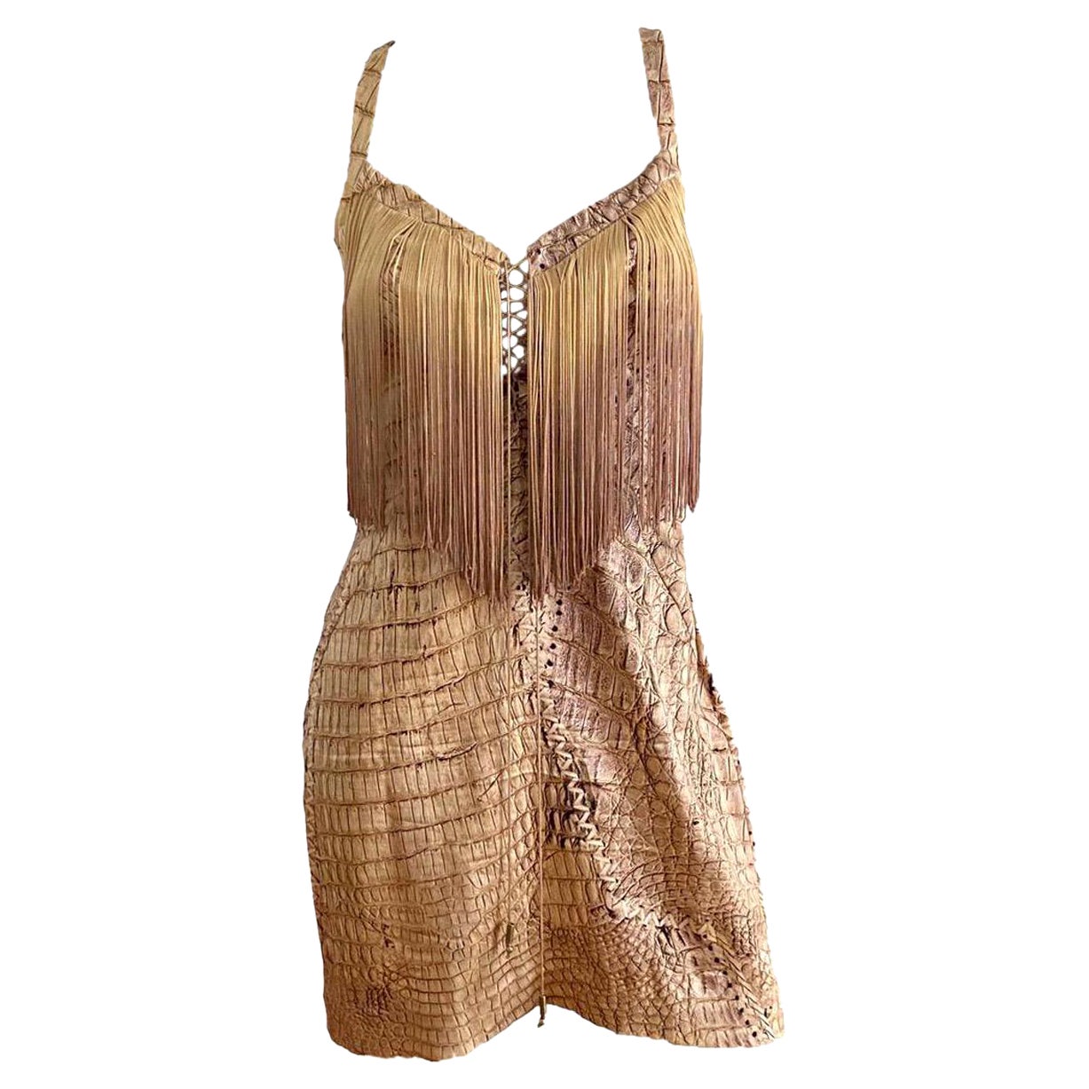 Roberto Cavalli S/S 2011 Lace-Up front Fringed Croc dress For Sale