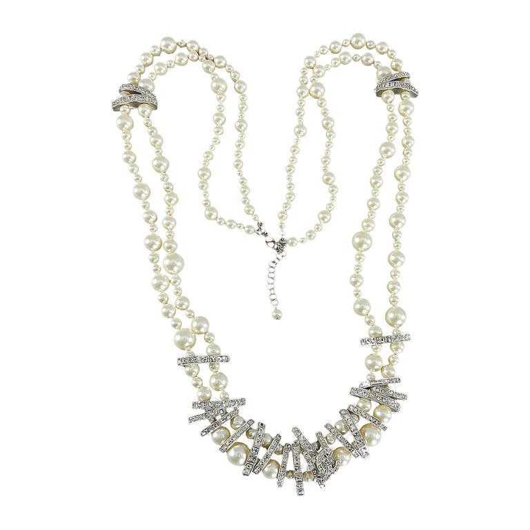 Chanel 15P Long Double Strand Pearl Necklace with Rhinestones at 1stdibs