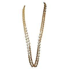 Chanel Vintage Double Chain Gold And Pearl Necklace