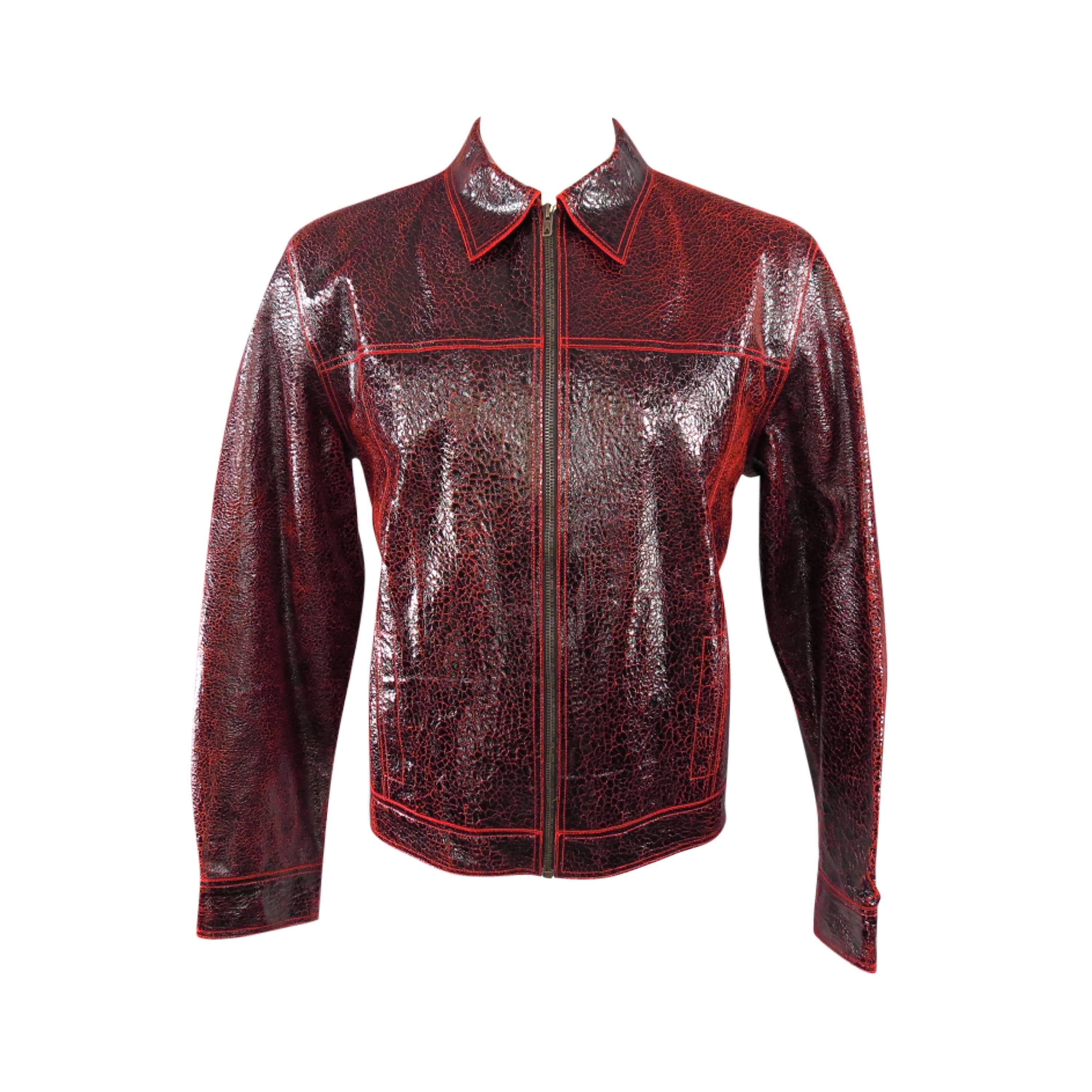 New ROBERTO CAVALLI Men's 44 Leather Black & Red Crackle Leather Jacket