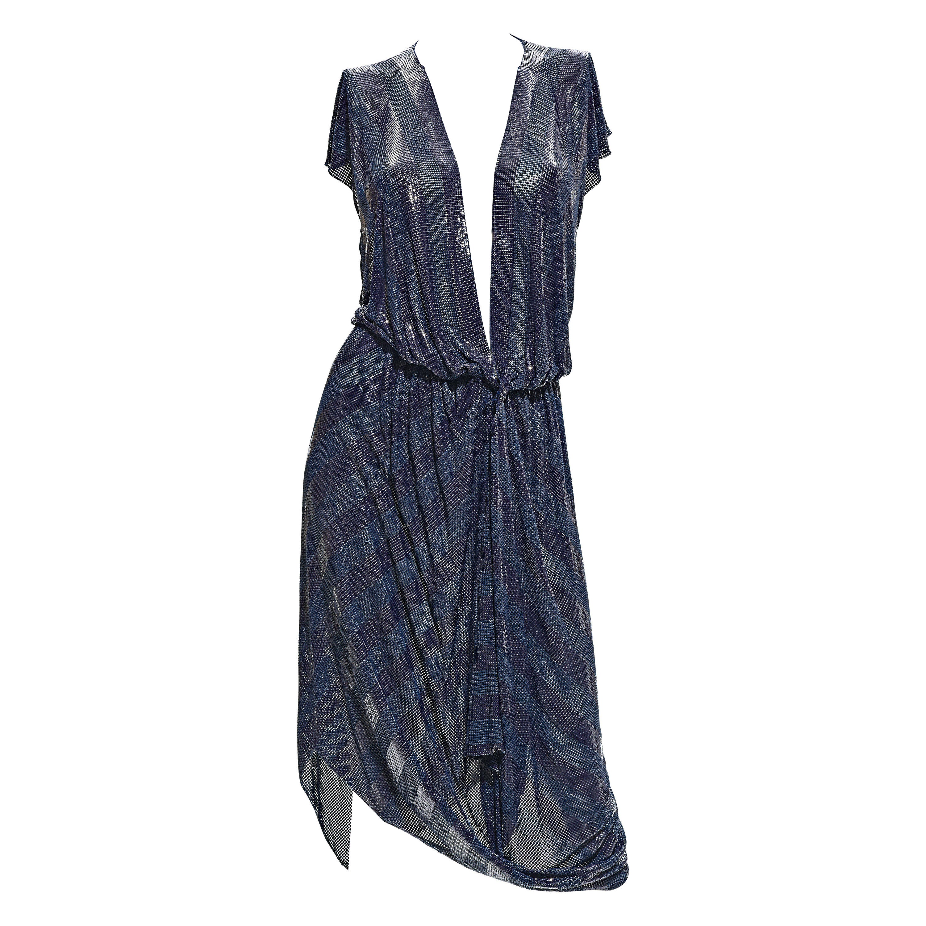 Vintage Gianni Versace Navy Striped Oroton Metal Mesh Chainmail Dress Ca. 1983 For Sale