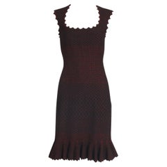 Alaia Black & Metallic Red Lattice Pattern Bodycon Mini Dress w/Flounced Hem