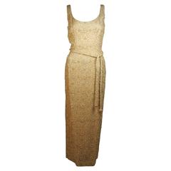 HAUTE COUTURE INT'L Gold Heavily Beaded Gown with Belt Size Large 10