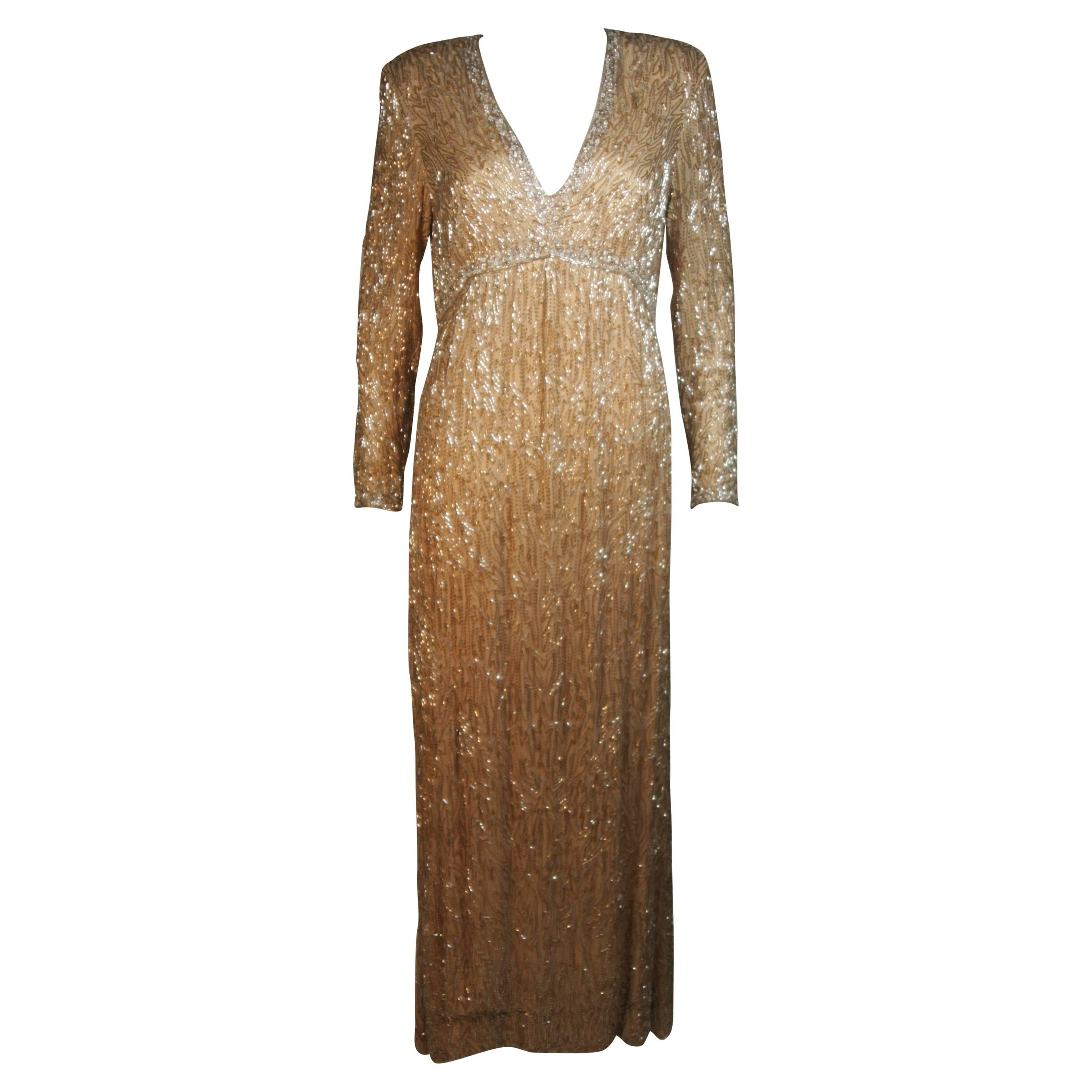 VICTORIA ROYAL Champagne Beaded Gown Size Large For Sale
