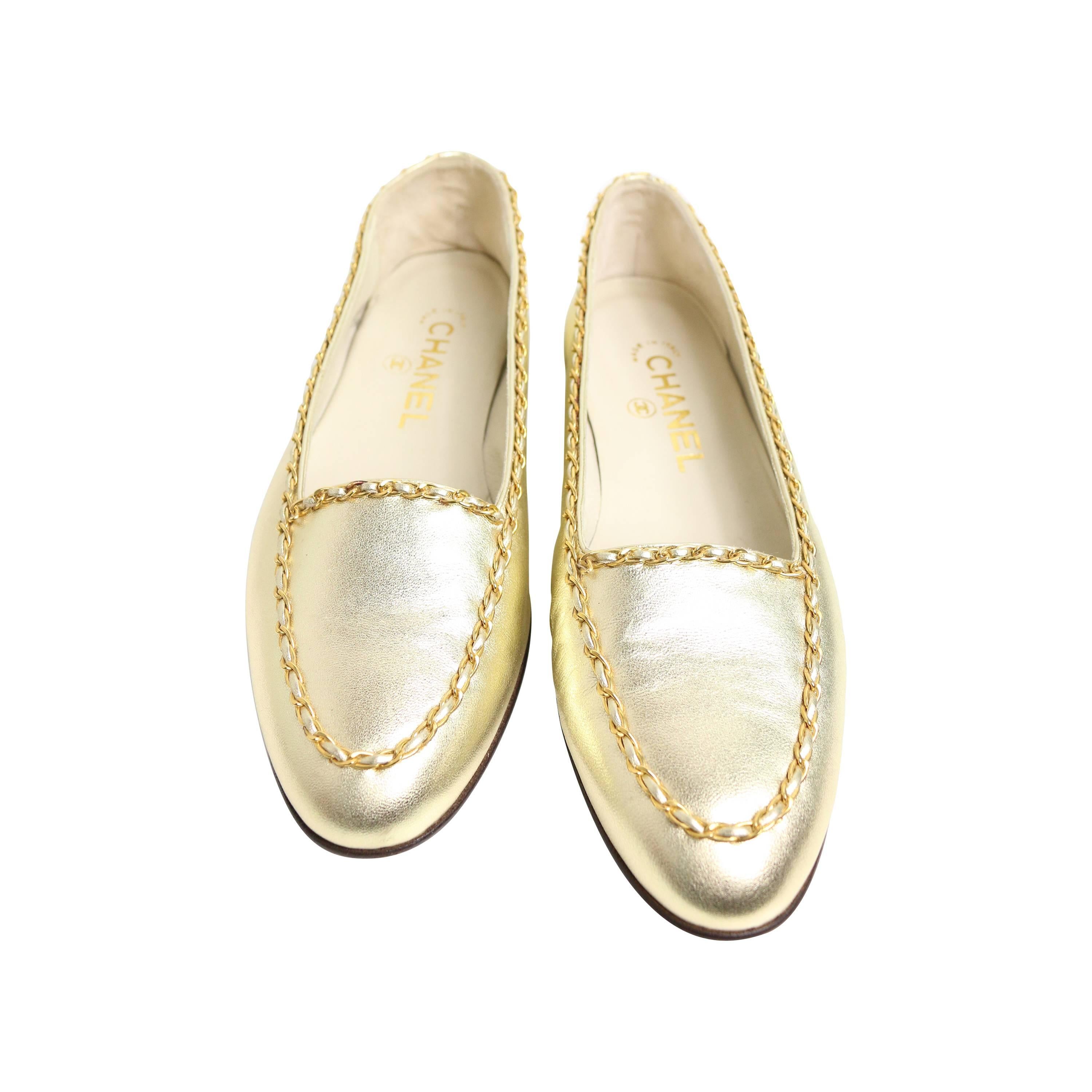 Chanel Classic Gold Leather Flats at 1stDibs