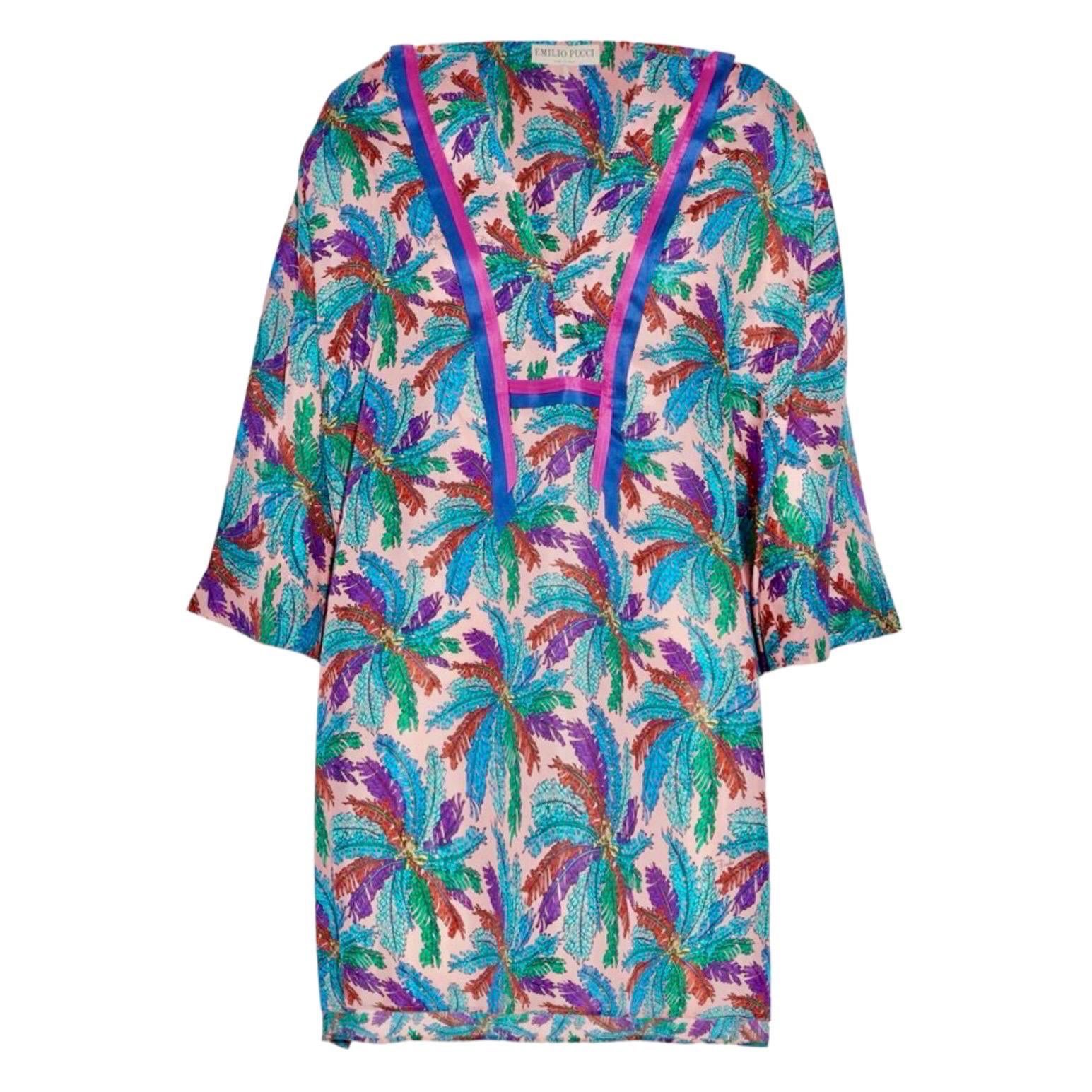 NEW Multicolor Emilio Pucci Signature Print Silk Kaftan Tunic Dress 40 For Sale
