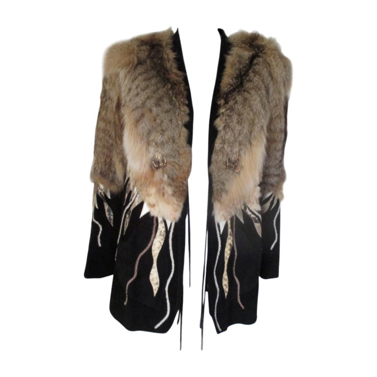 black suede jacket with appliques wolf / lynx fur at 1stDibs