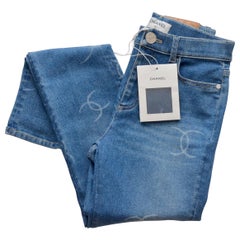 CHANEL BD249 CC Coco Mark 18A Roll Up Bottoms Jeans Denim Pants