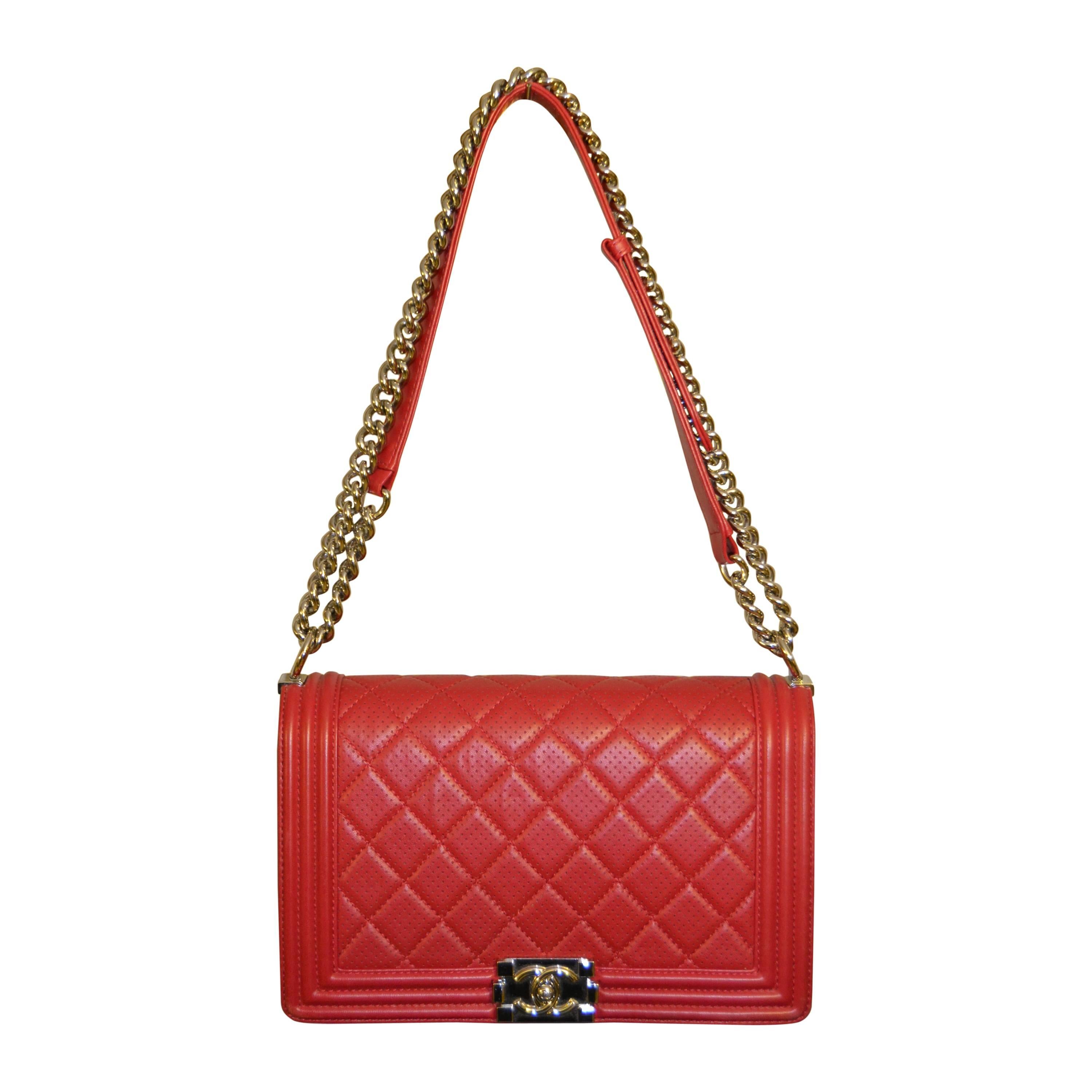 2000s Chanel boy red perforated lambskin bag