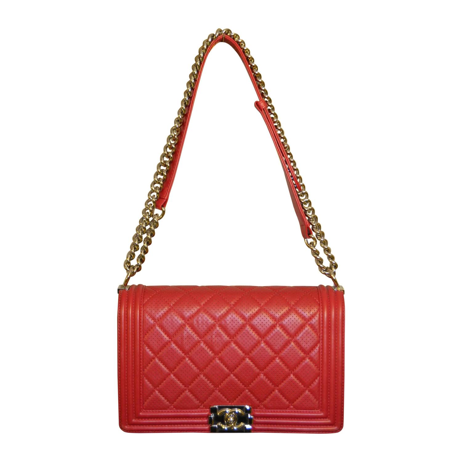 2000s Chanel boy red perforated lambskin bag at 1stdibs