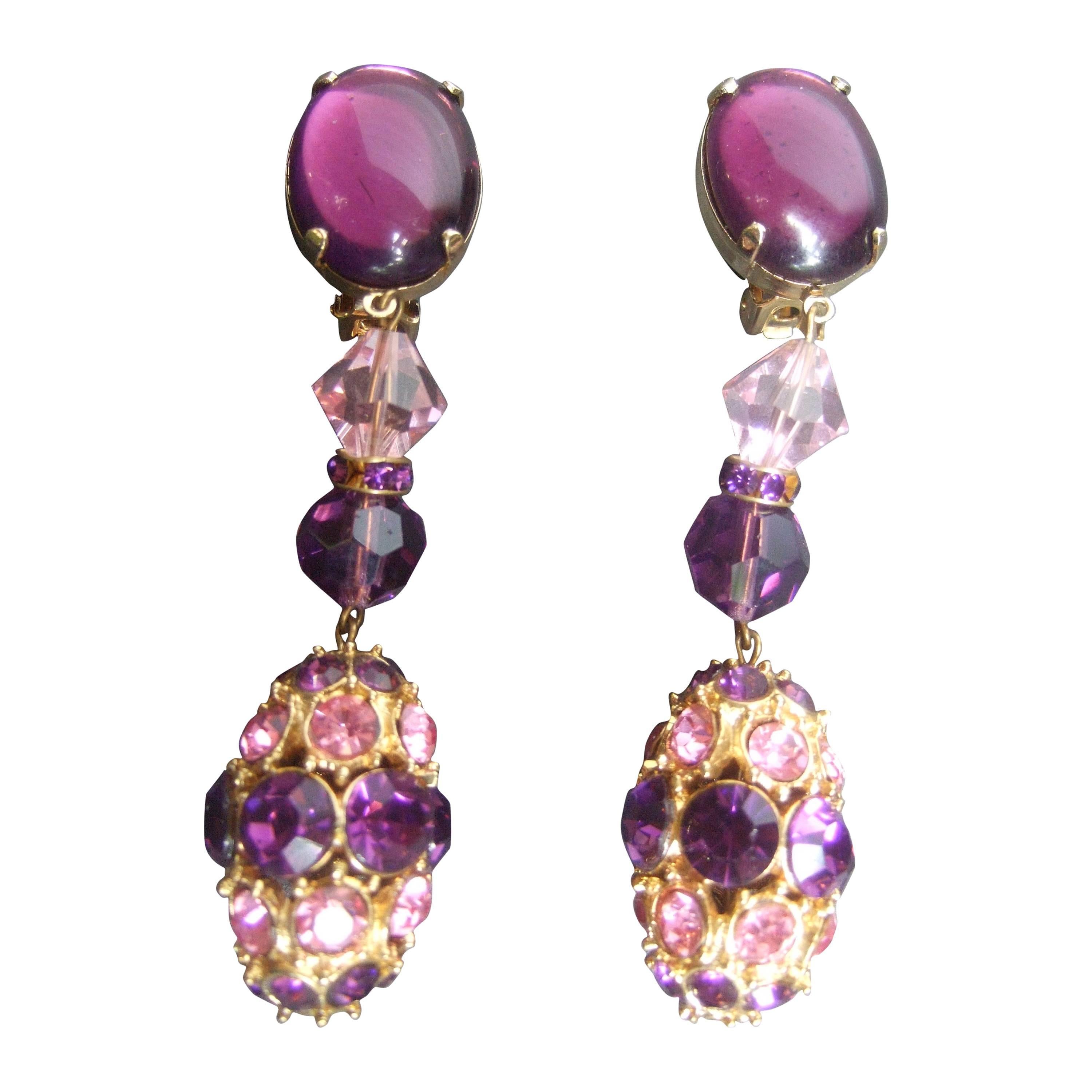 Massive Glittering Amethyst Crystal Dangling Earrings c 1970 For Sale