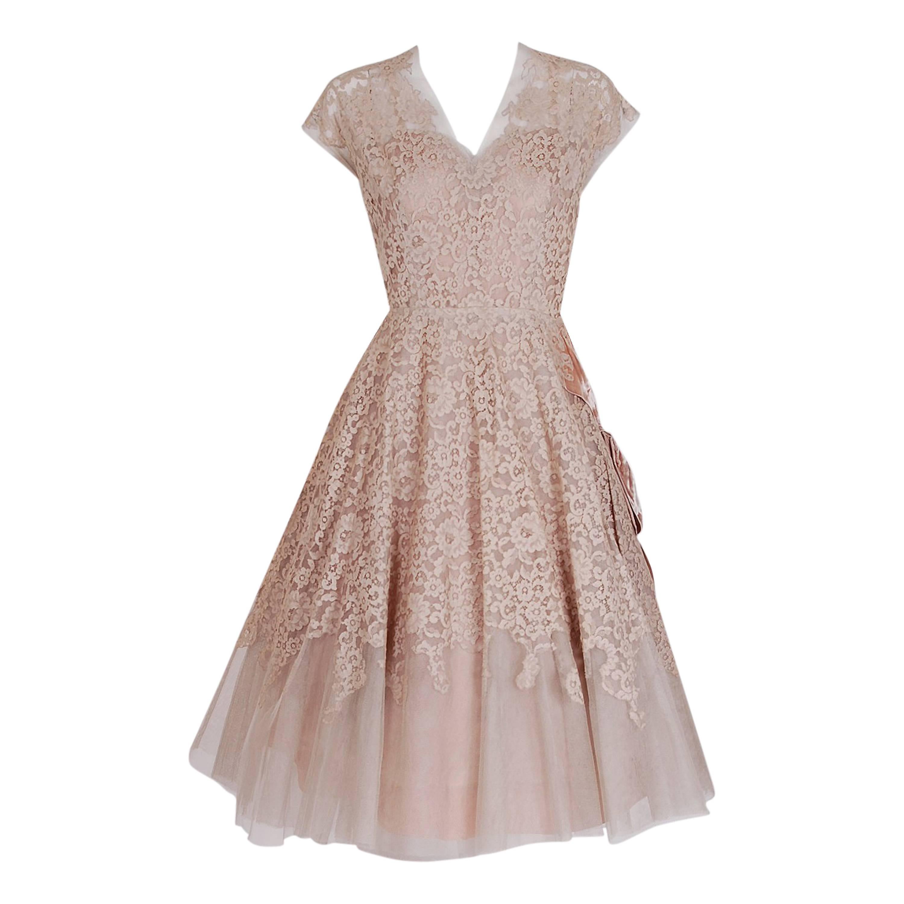 1950's Pierre Balmain Mauve-Pink Lace Tulle Illusion Side-Bow Full Party Dress