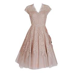 Vintage 1950's Pierre Balmain Mauve-Pink Lace Tulle Illusion Side-Bow Full Party Dress