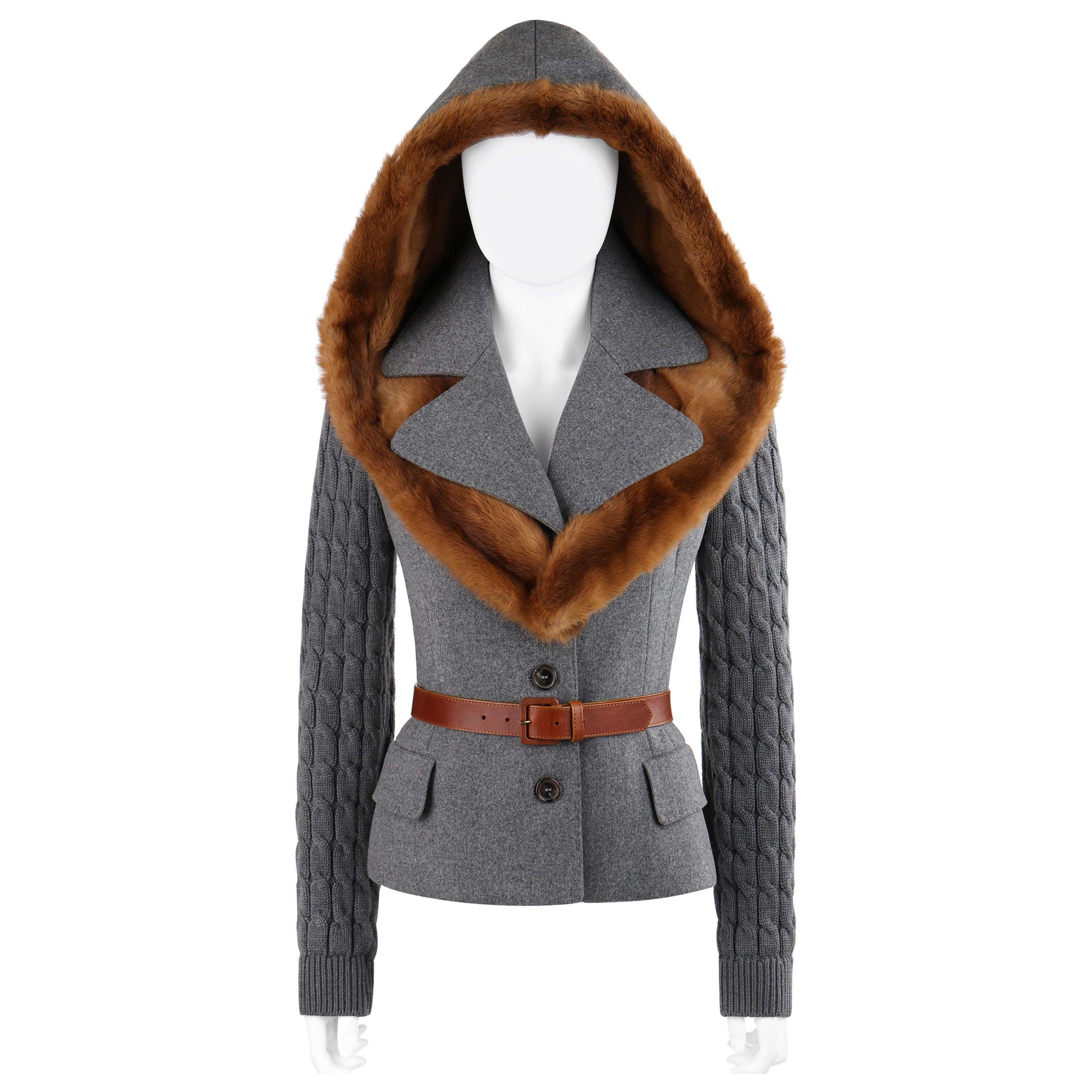 ALEXANDER McQUEEN F/W 2005 Gray Brown Mink Fur Removable Hood Belted Jacket Coat For Sale