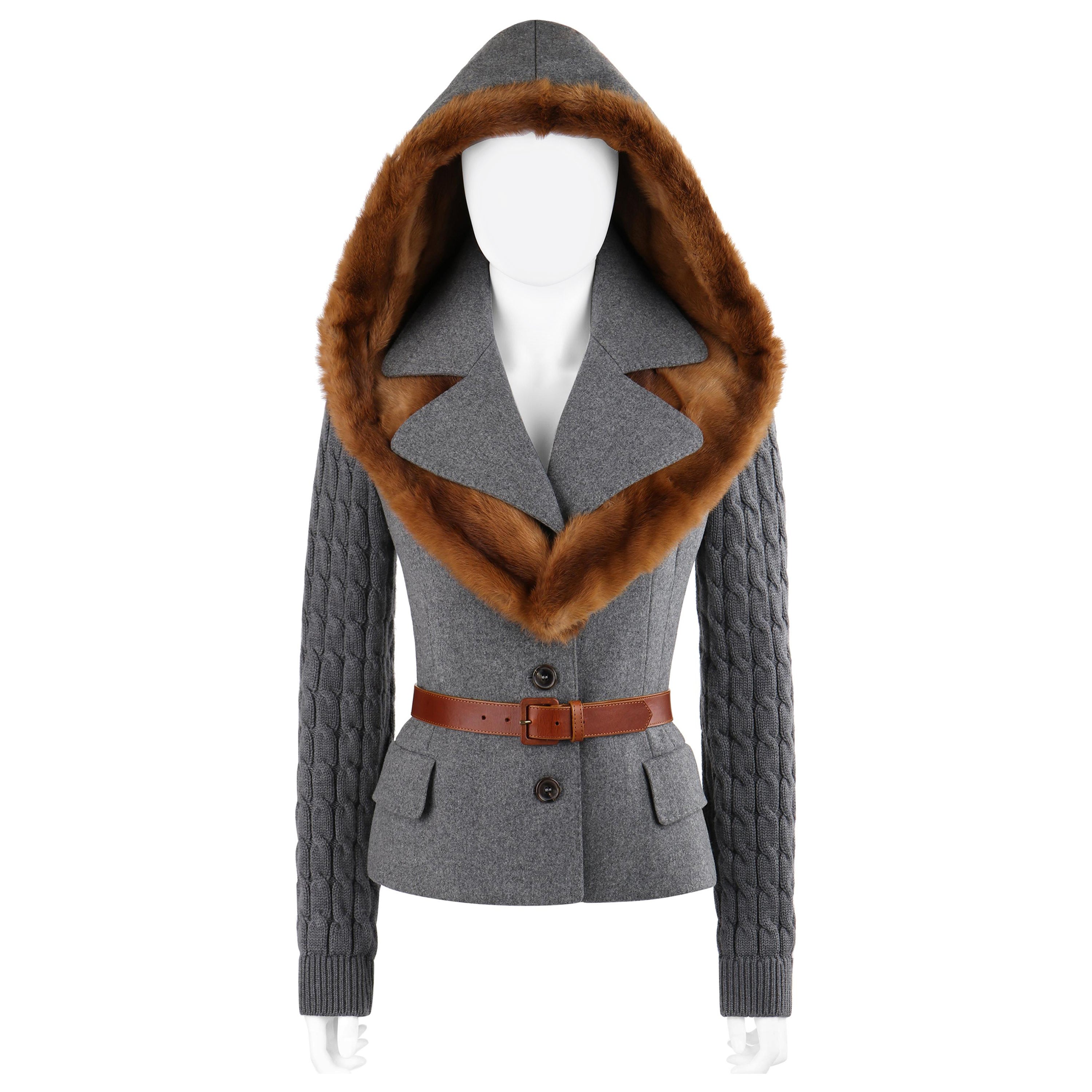 ALEXANDER McQueen A/I 2005 Grigio Marrone Pelliccia di visone con cappuccio rimovibile e cintura