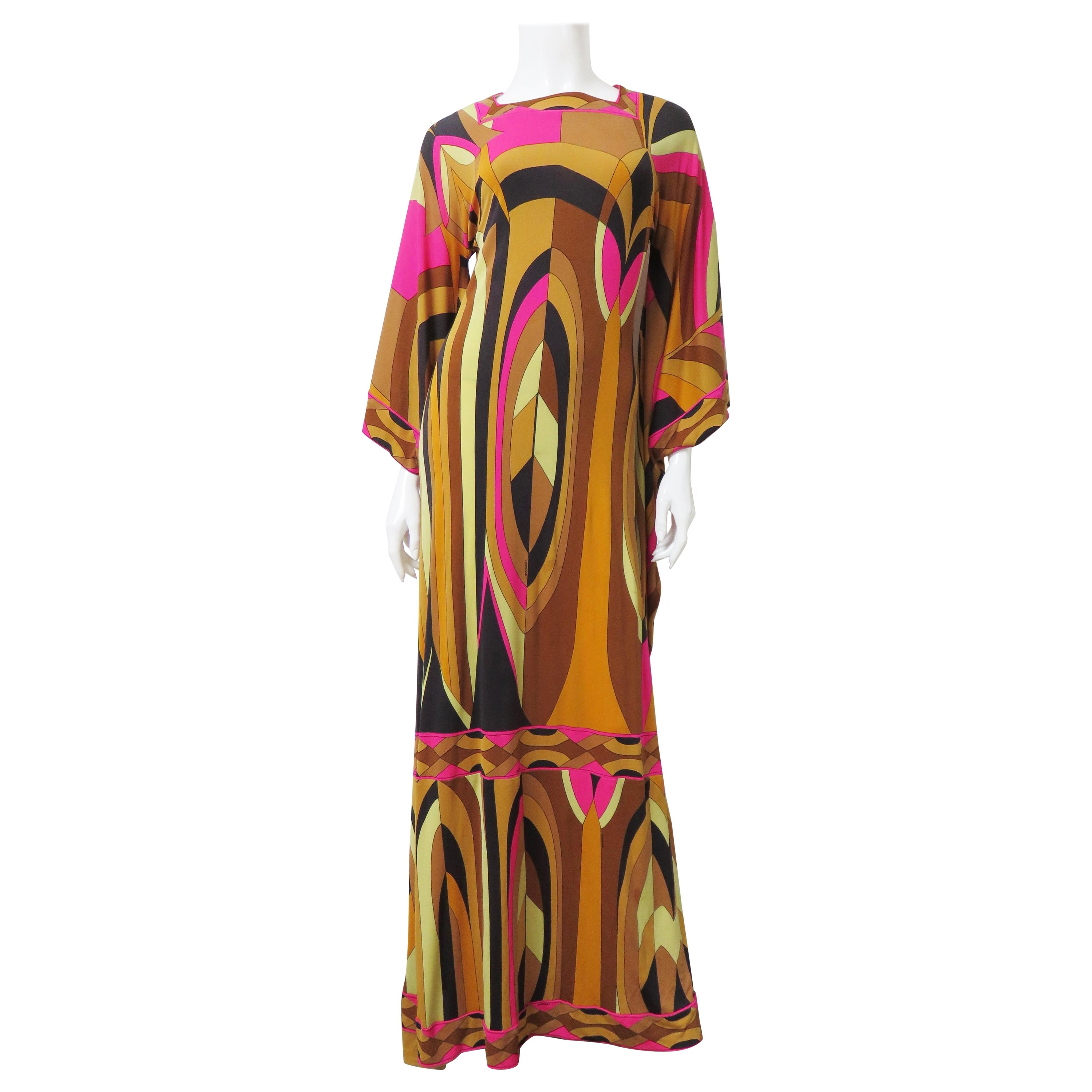 Leonard Angel Sleeve Silk Maxi Dress 1970s For Sale