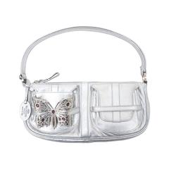 Vintage Hallmarked Valentino Silver Lambskin Handbag with Rhinestone Butterfly