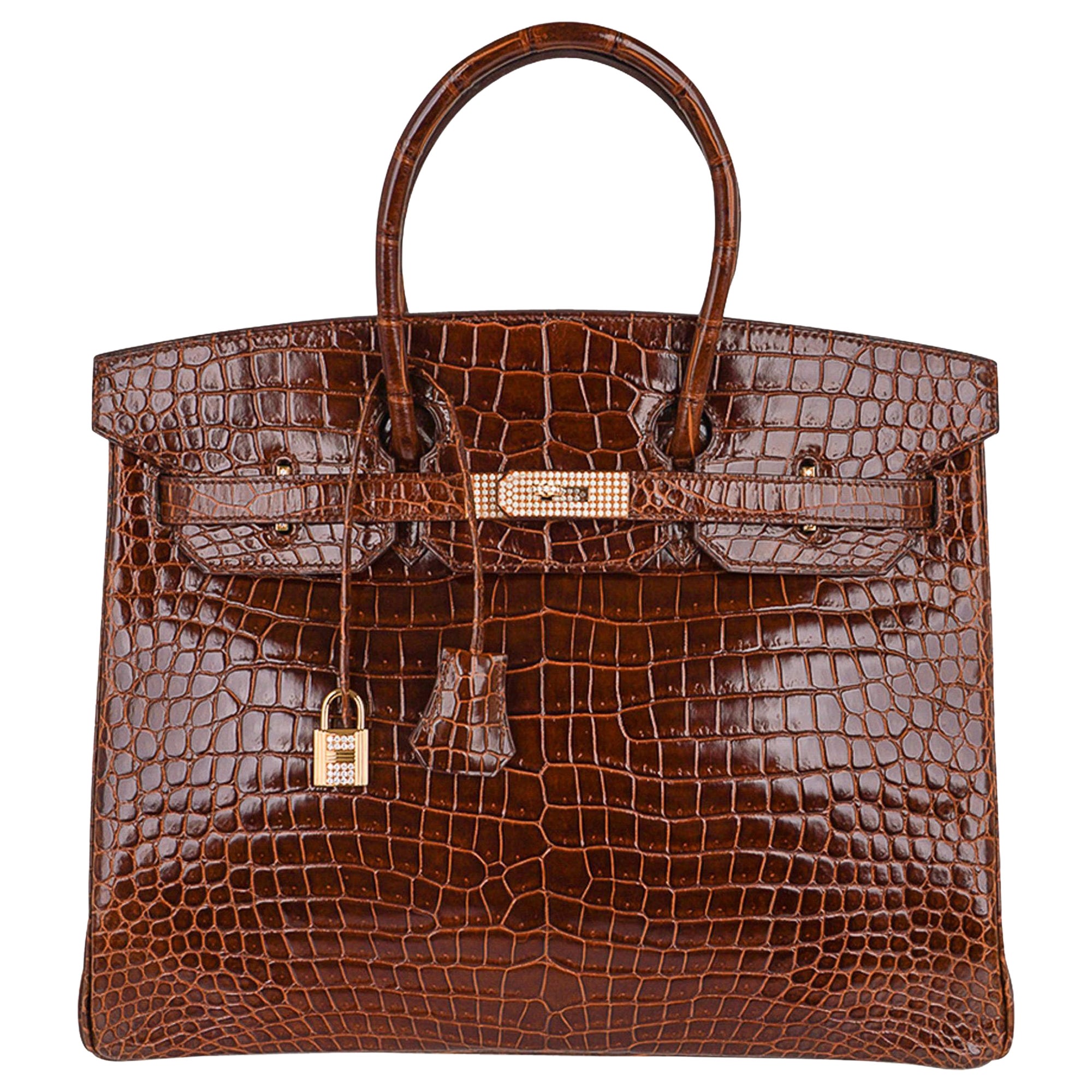Hermes Diamond Birkin 35 Bag Miel Porosus Crocodile Gold Hardware
