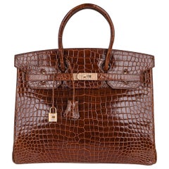 Hermes Diamond Birkin 35 Bag Miel Porosus Crocodile Gold Hardware