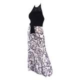 Chic 1970s 70s Black + Silver Metallic Crochet Floral Print Vintage Maxi Dress