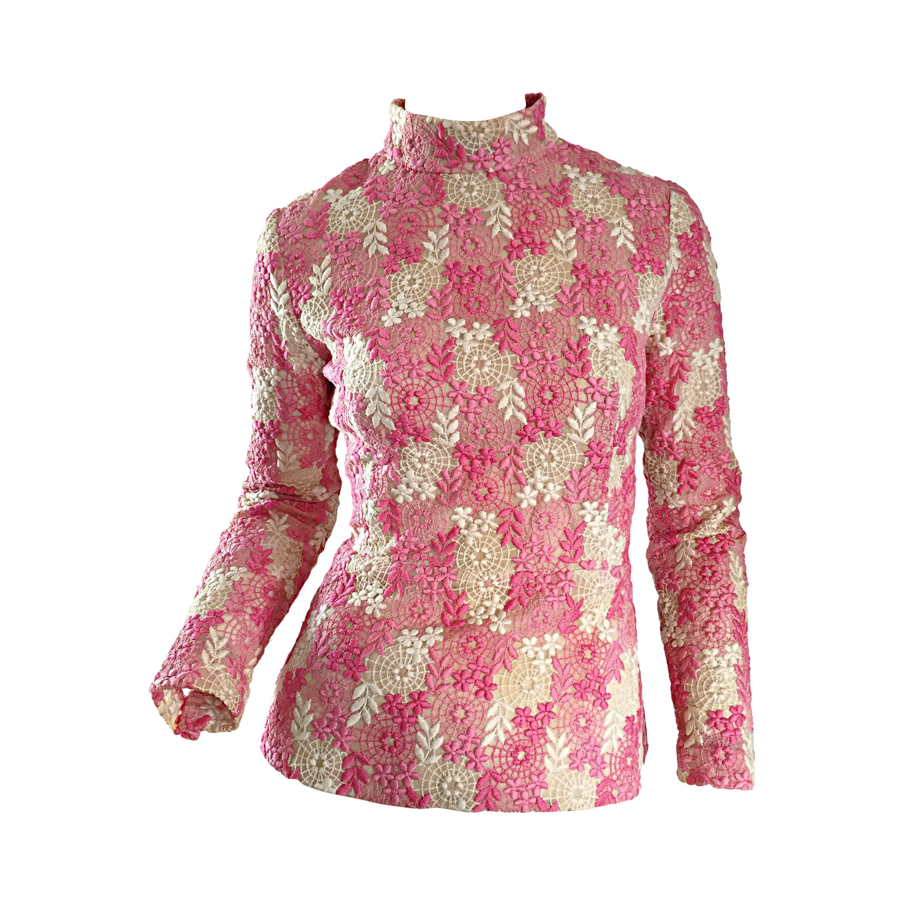 1960s Mignon Beautiful Vintage Pink + Ivory Hand Crochet Blouse / 60s Top For Sale