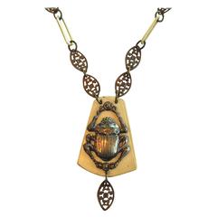 Art Deco Egyptian Revival Scarab  celluloid and brass necklace
