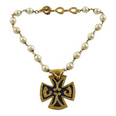 Yves Saint Laurent Pearl & Enamel Necklace Large Cross Pendant 7