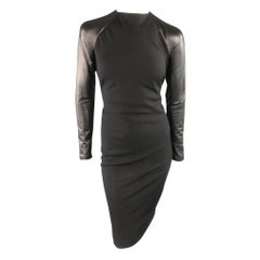 RALPH LAUREN COLLECTION Megan Fall 2012 US 4 Black Wool Leather Sleeve Dress