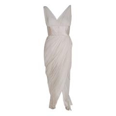 1950's Jean Desses Ivory-White Draped Silk Chiffon Back-Fishtail Goddess Dress