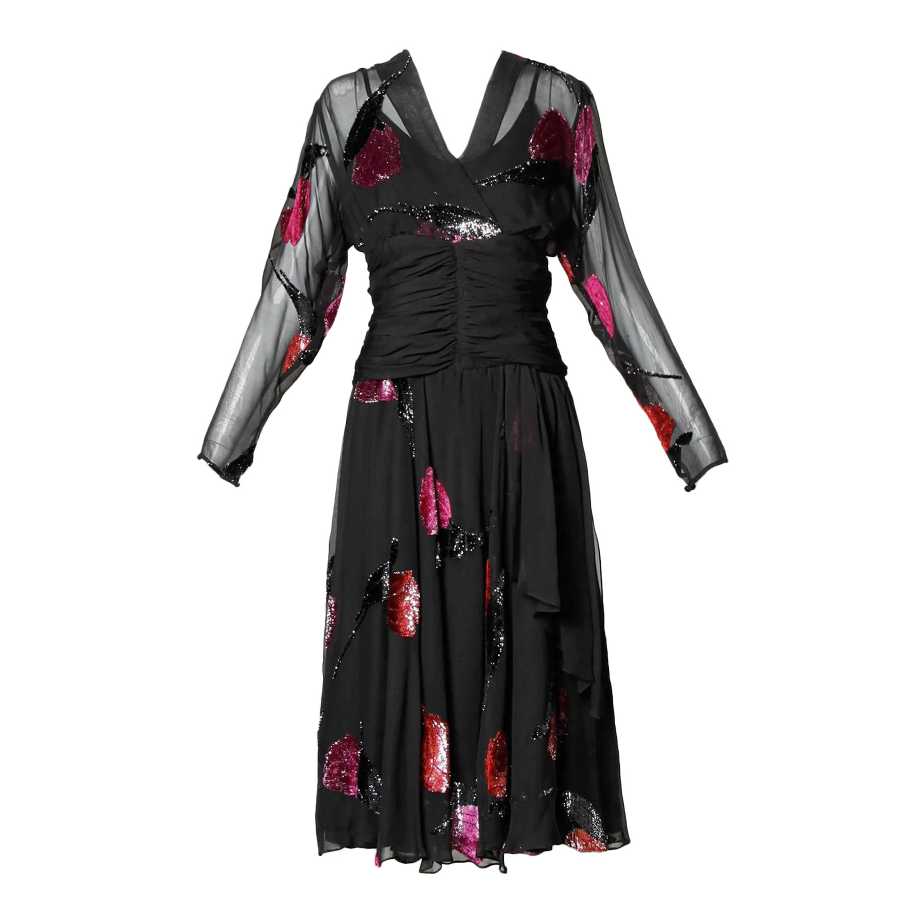 Vintage Delicate Silk Chiffon Dress with Burn Out Velvet Floral Design For Sale