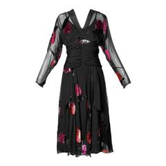 Retro Delicate Silk Chiffon Dress with Burn Out Velvet Floral Design