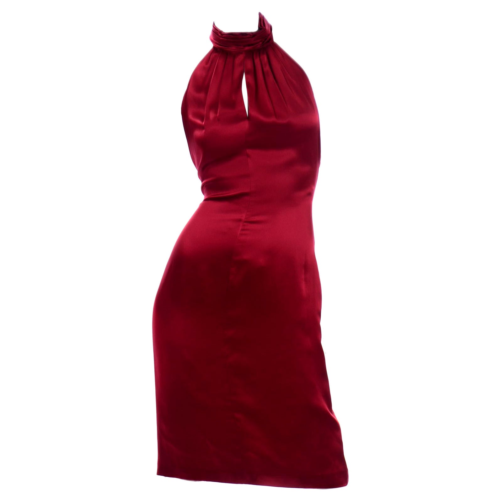 Guy Laroche Deep Red Silk Charmeuse Halter Dress w Back Panels For Sale