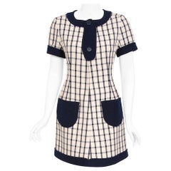 Vintage 1967 Courreges Couture Navy Ivory Checkered Wool Space-Age Mini Dress