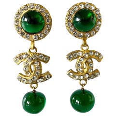 Vintage Chanel Green Gilt Logo CC Diamante Earrings