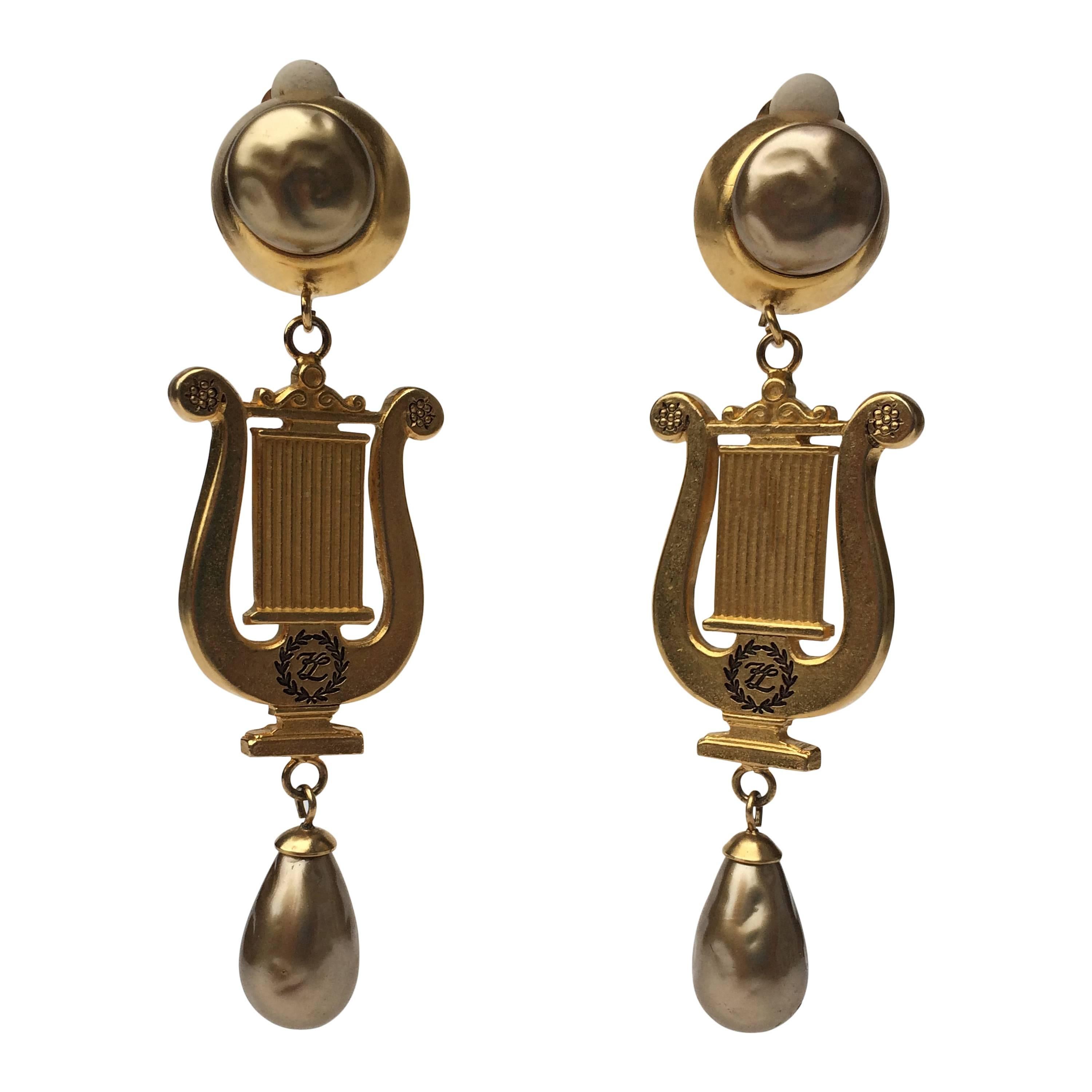 Karl Largerfeld 1980s gilt and pearl drop earrings