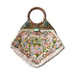 1920s Chinese Jade, Turquoise and Wooden Handle Petit Point Bag
