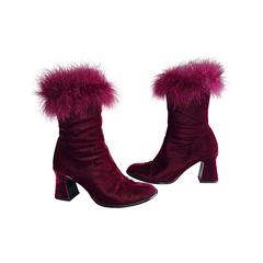 Rare Vintage Charles Jourdan Merlot Wine Velvet + Ostrich Feather Booties Sz 7.5