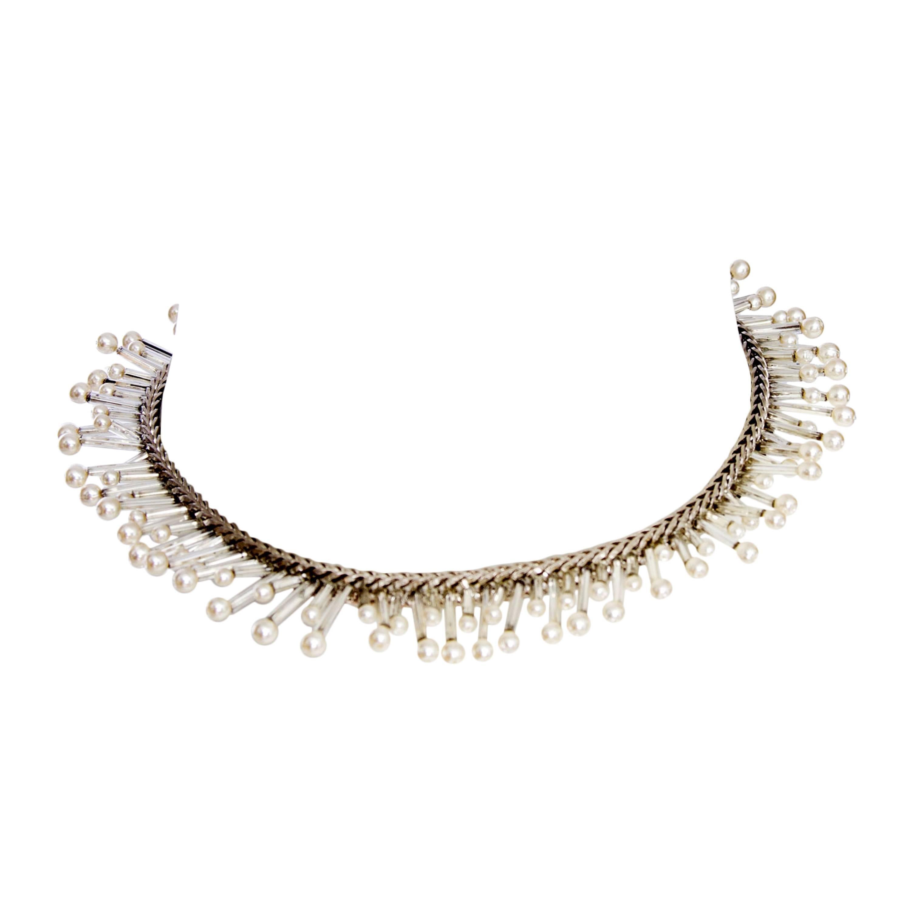 Chanel Silver Beaded Mother-of-Pearl Choker Necklace, 1990s 