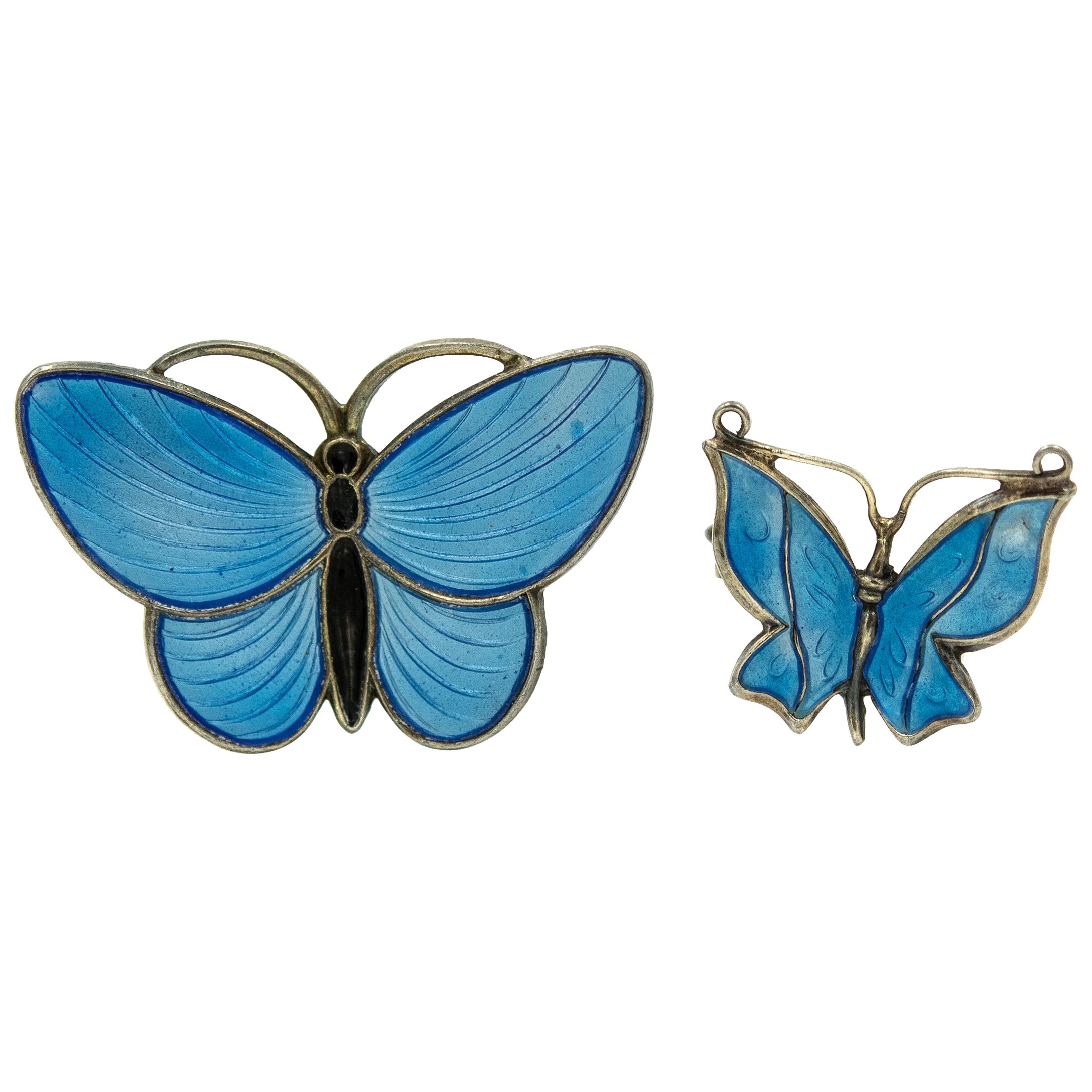 Pair of Blue Enamel Sterling Butterflies from Norway For Sale