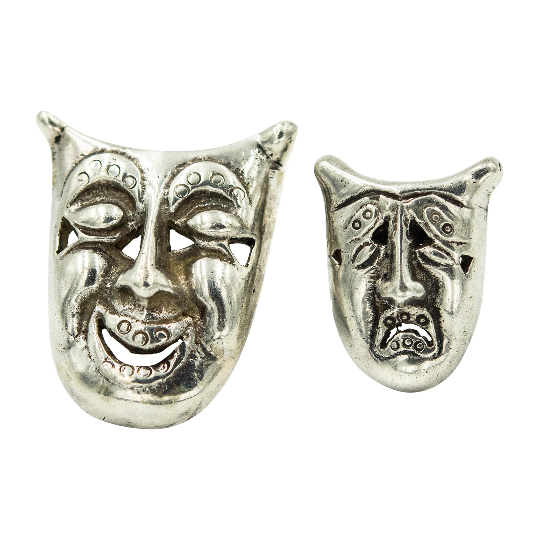 Comedy And Tragedy Face Sterling Silver Brooches Pair