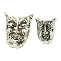 Vintage Comedy And Tragedy Face Sterling Silver Brooches Pair