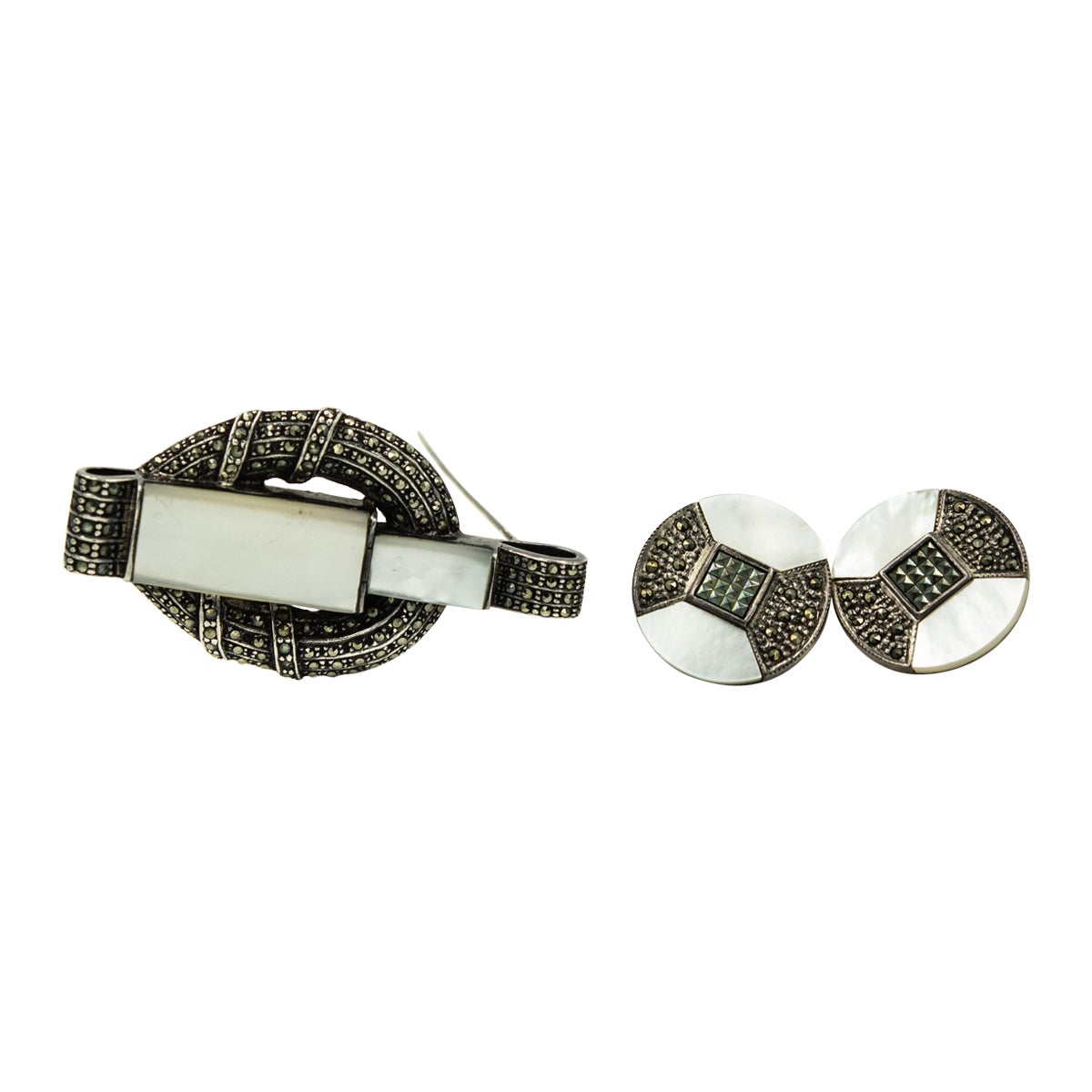 Art Deco Style Marcasite Mother of Pearl Sterling Silver Brooch Earrings Suite For Sale