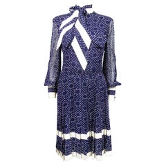 A French Navy Chiffon Cocktail Dress with White Polka Dots Circa 1975