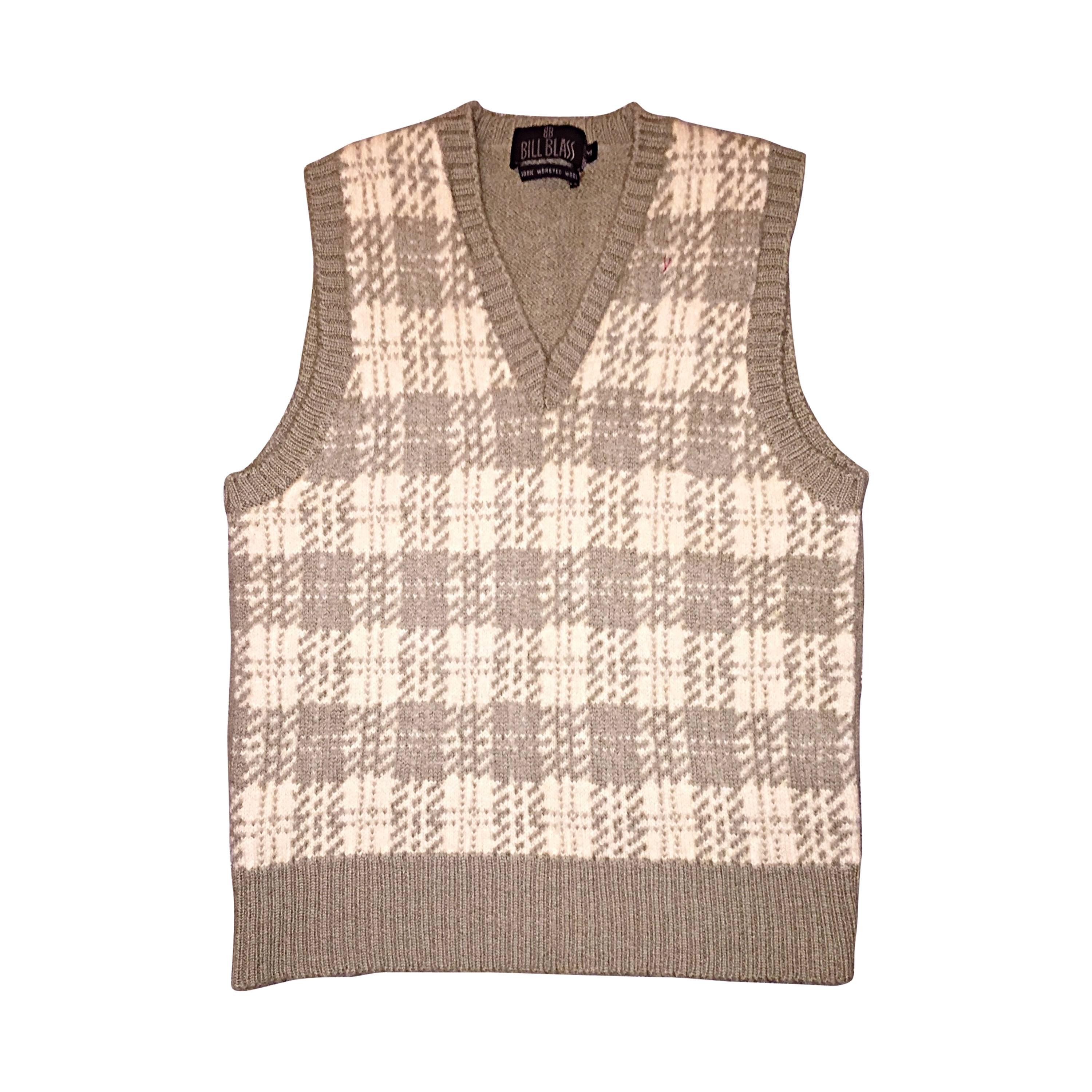 Vintage 1970s Bill Blass Tan + Ivory Plaid Mohair Wool Sweater Vest / Jumper
