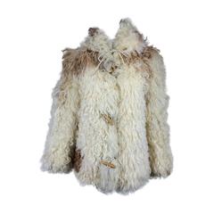 Mongolian lamb cream & tan hooded toggle parka jacket 1960s