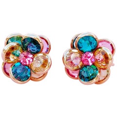 Gilded Bezel Set Colored Swarovski Crystal Flower Earrings by Swarovski, 1980s