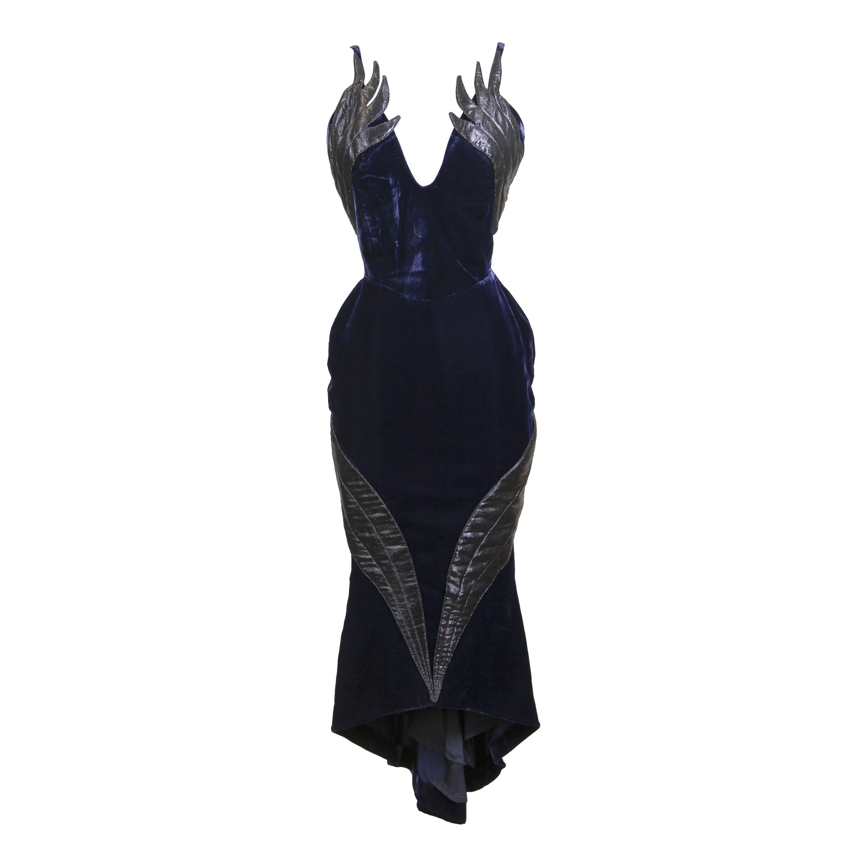 1980S THIERRY MUGLER Sapphire Blue  Rayon Velvet Cocktail Dress With Black Lamé