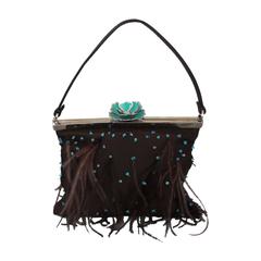 Valentino Brown Satin Evening Bag with Ostrich Feathers & Turquoise Beads 